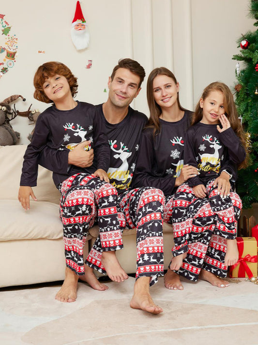 New Christmas Cartoon Elk Letter Round Neck Parent-Child Home Clothes Set Pajamas Black