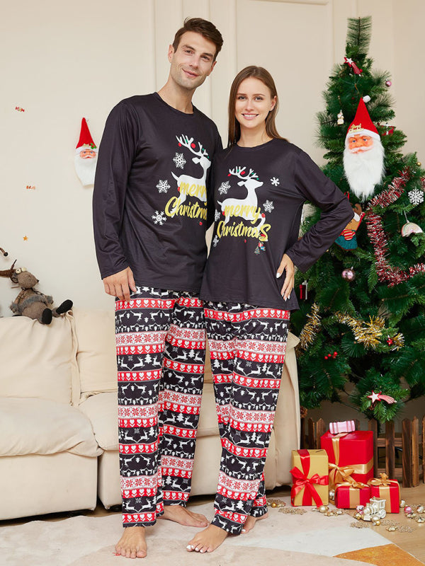 New Christmas Cartoon Elk Letter Round Neck Parent-Child Home Clothes Set Pajamas