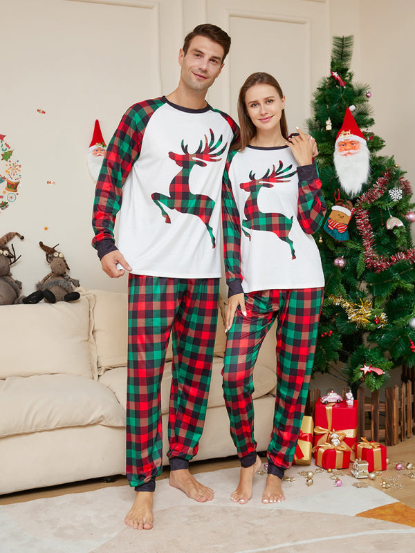 New Christmas parent-child cartoon elk plaid print Christmas pajamas set