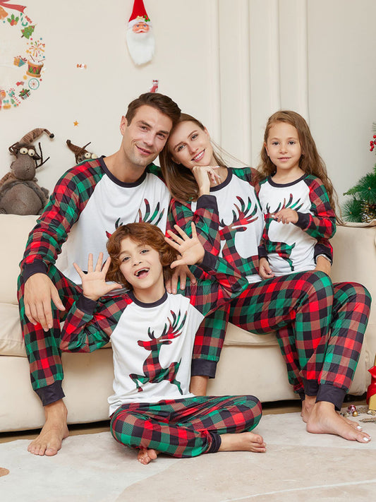 New Christmas parent-child cartoon elk plaid print Christmas pajamas set Green