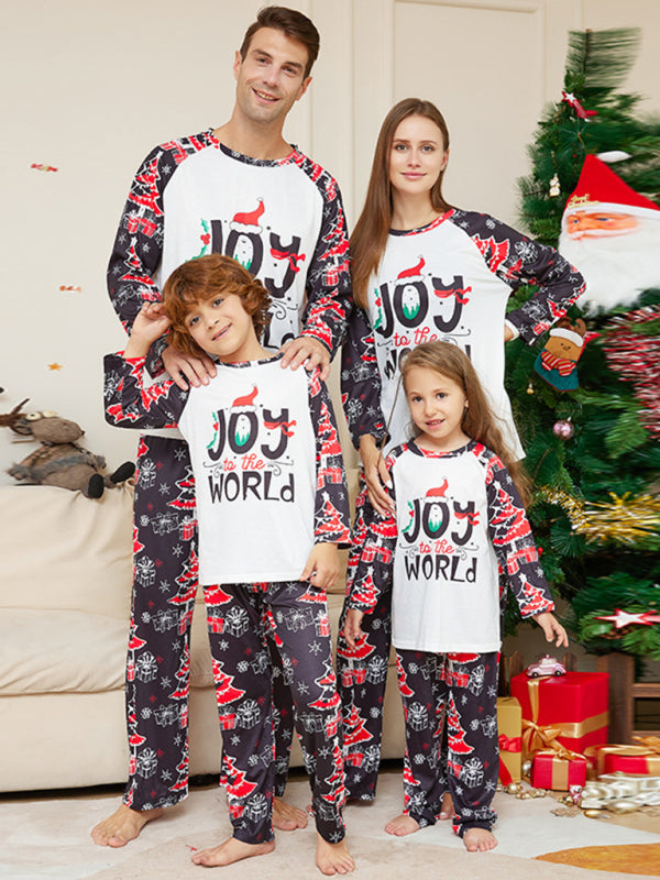 New Christmas cartoon letter Christmas tree print parent-child Christmas set pajamas Black