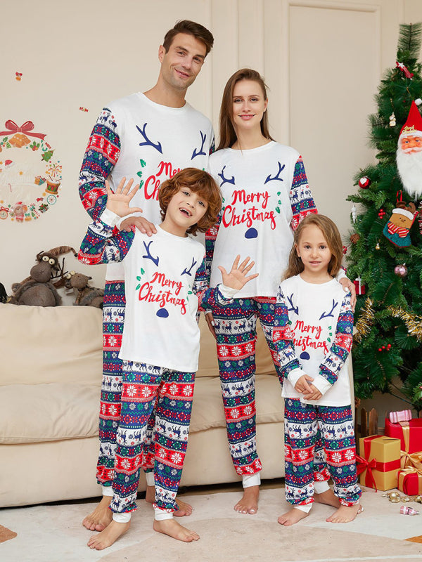 New Christmas Cartoon Letters Home Clothes Deer Antler Print Parent-Child Pajamas Set White