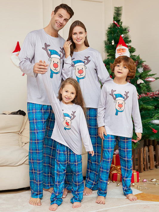 New Christmas Cartoon Deer Head Blue Plaid Round Neck Long Sleeve Parent-Child Family Pajamas Set Blue