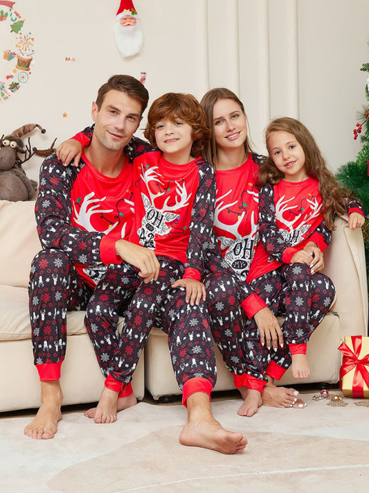 New Christmas Cartoon Letter Printed Long Sleeve Round Neck Parent-Child Christmas Pajamas Set Red