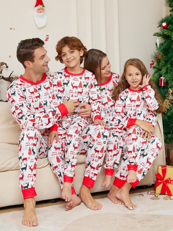 New cartoon full flower deer print parent-child Christmas pajamas home wear long-sleeved set White