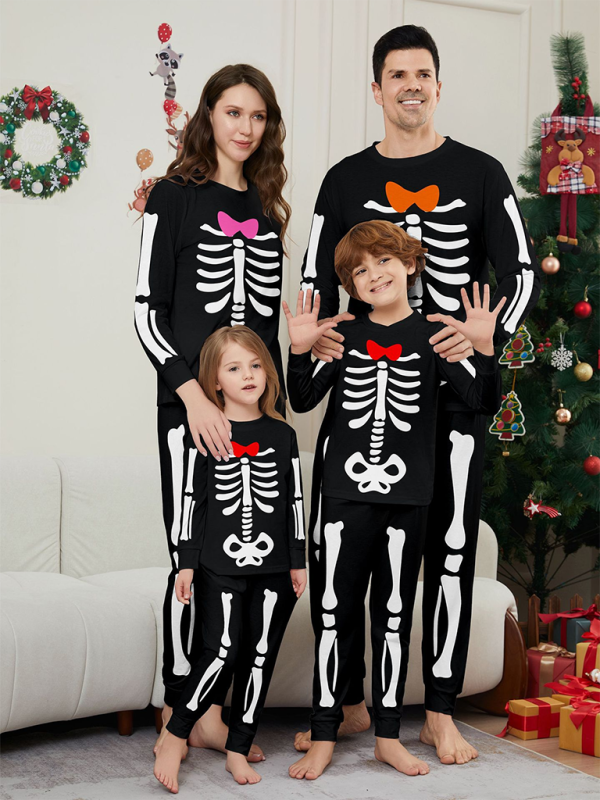 Halloween Parent-Child Home Costume Skeleton Bones Adult Child Neat Costume Pajama Set Black