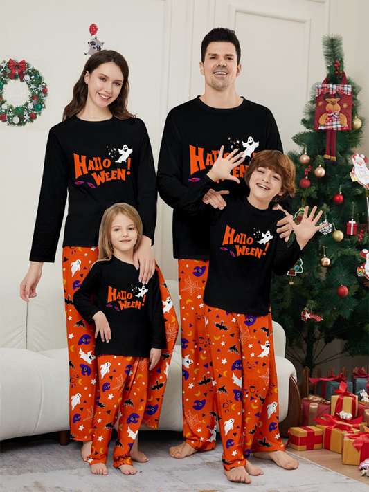 New Halloween parent-child pajamas set of long-sleeved two-piece devil's eyes letter-printed homewear Black