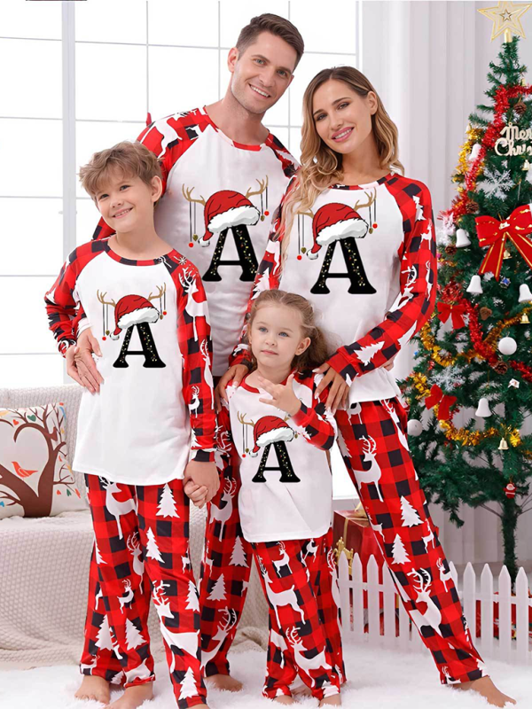 Christmas Parent-Child Pajama Set Santa Hat Alphabet Printed Loungewear (A-Z letters are optional) Red