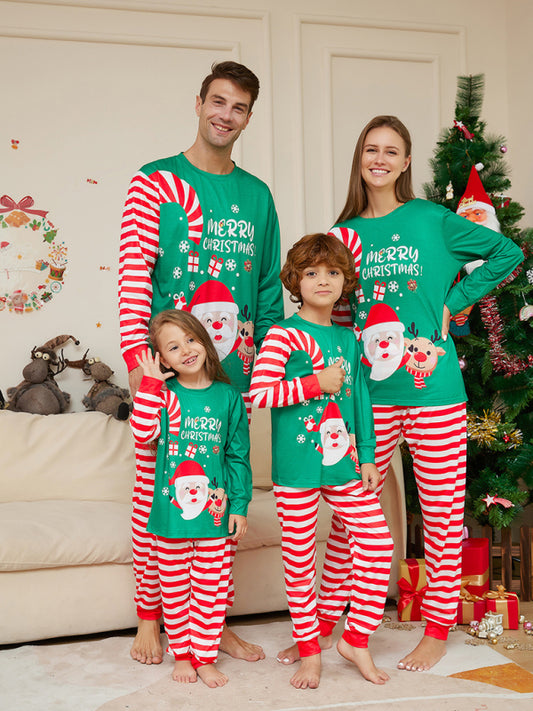 New Mommy and Me Christmas Pajamas Set with Cartoon Santa Claus Letter Print (Dad Style) Green
