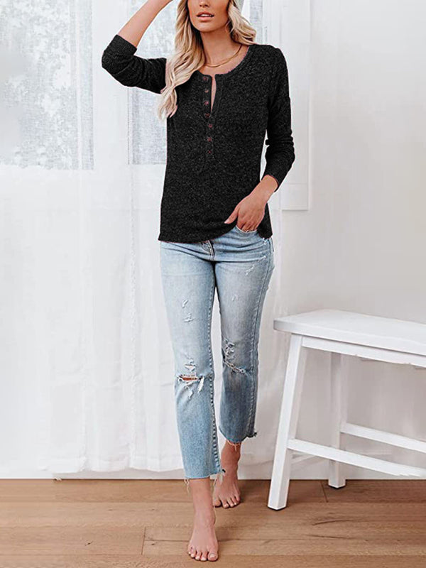 Women's Long Sleeve Henley Shirts V Neck Down Tops