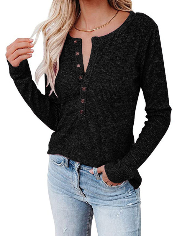 Women's Long Sleeve Henley Shirts V Neck Down Tops