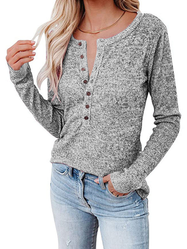 Women's Long Sleeve Henley Shirts V Neck Down Tops Neutral grey