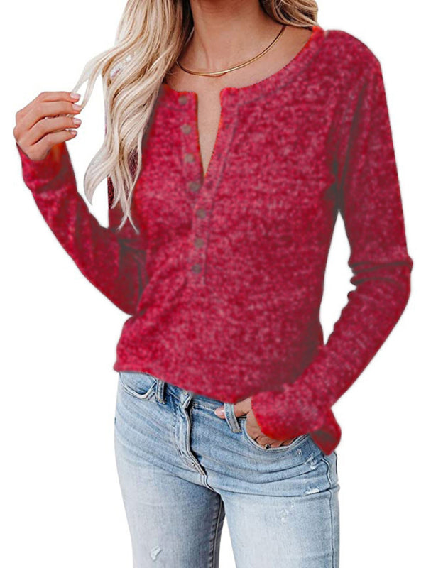 Women's Long Sleeve Henley Shirts V Neck Down Tops