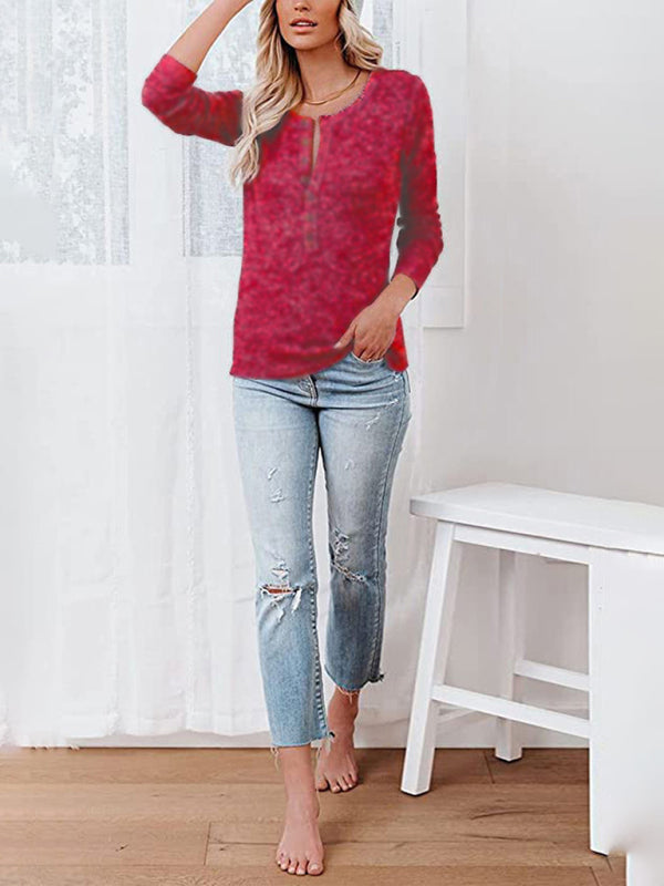 Women's Long Sleeve Henley Shirts V Neck Down Tops