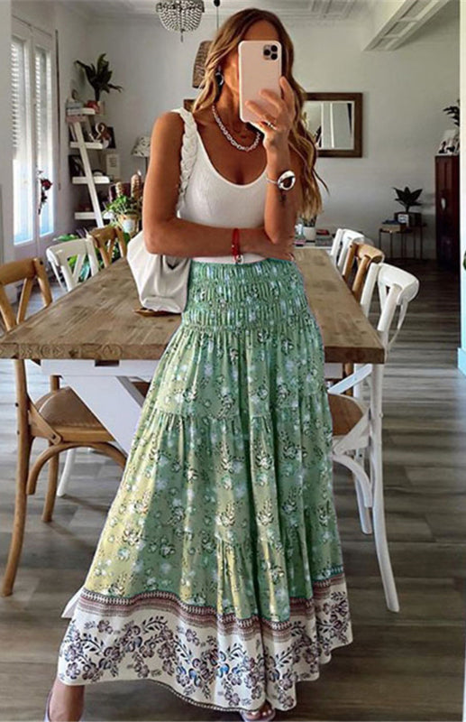 Ladies Casual Fashion Boho Print Skirt Green