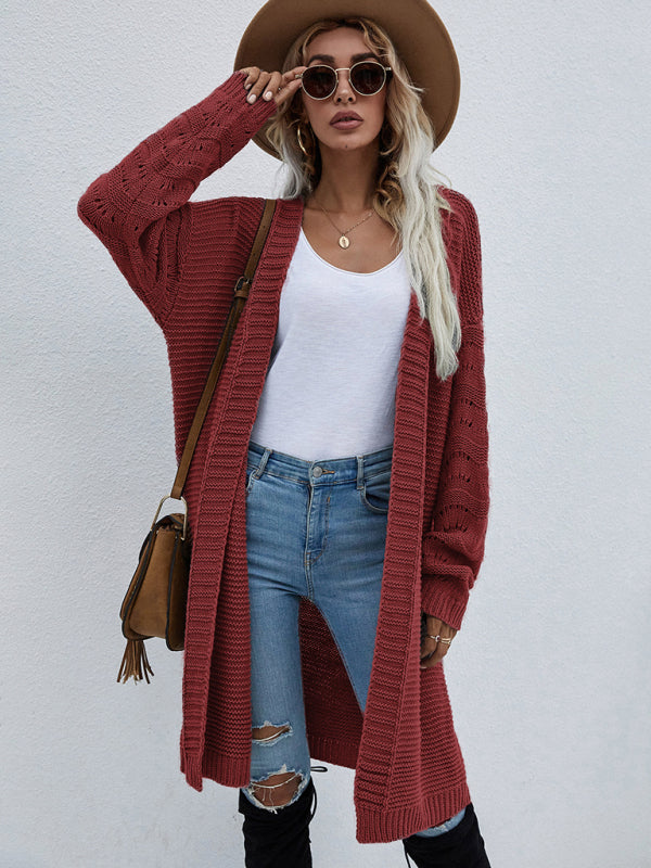 Women's Open Knit Long Sleeve Cardigan Wine Red