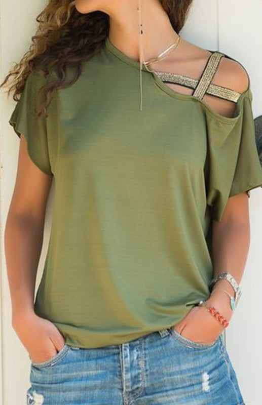 Casual Oblique Shoulder Crossed Irregular Short Sleeve T-Shirt Green
