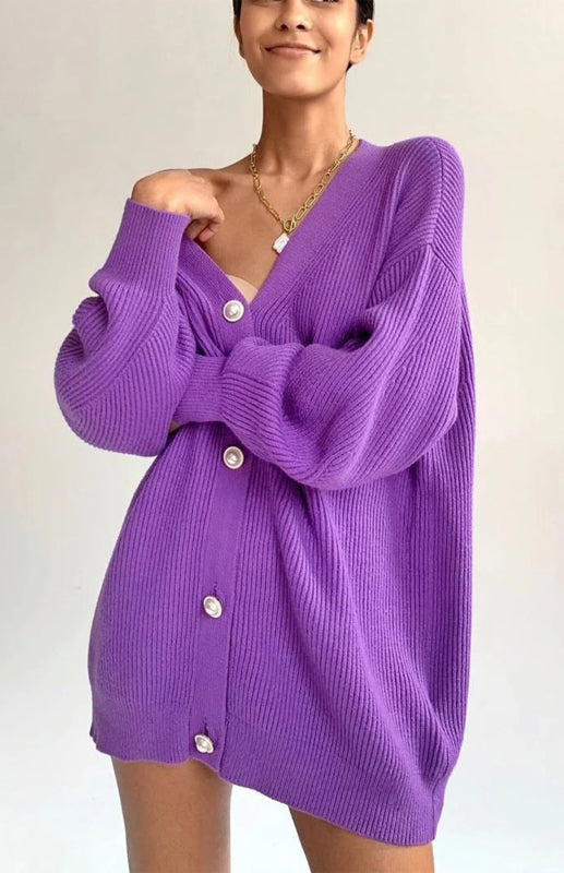 Candy Color Casual Loose Knit Button Cardigan Purple One size