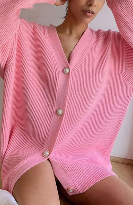 Candy Color Casual Loose Knit Button Cardigan Pink One size