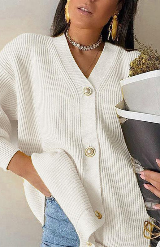Candy Color Casual Loose Knit Button Cardigan Raw white off white One size
