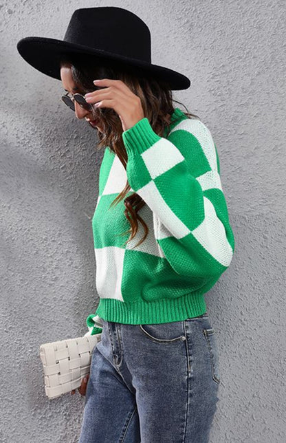 Checkerboard Long Sleeve Short Loose Knit Sweater