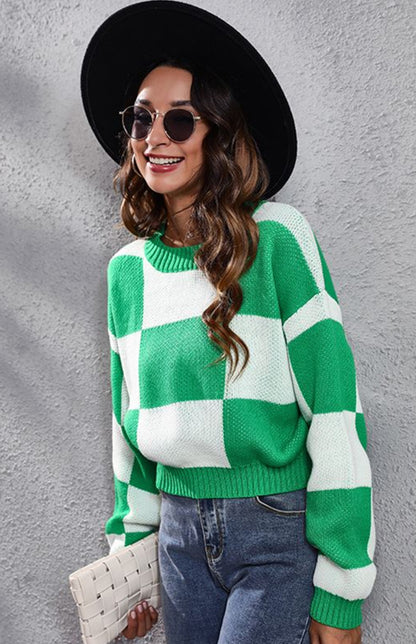 Checkerboard Long Sleeve Short Loose Knit Sweater