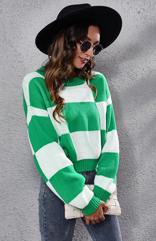Checkerboard Long Sleeve Short Loose Knit Sweater Green