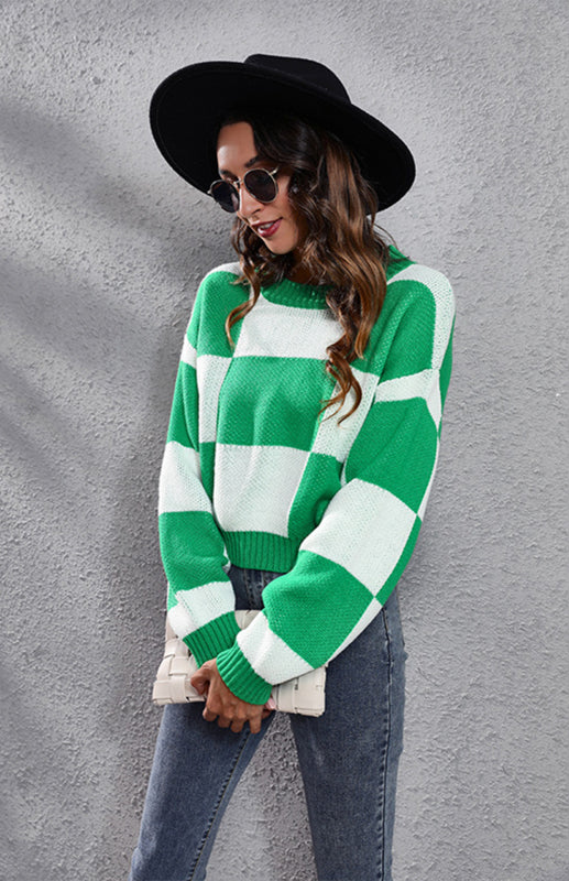 Checkerboard Long Sleeve Short Loose Knit Sweater
