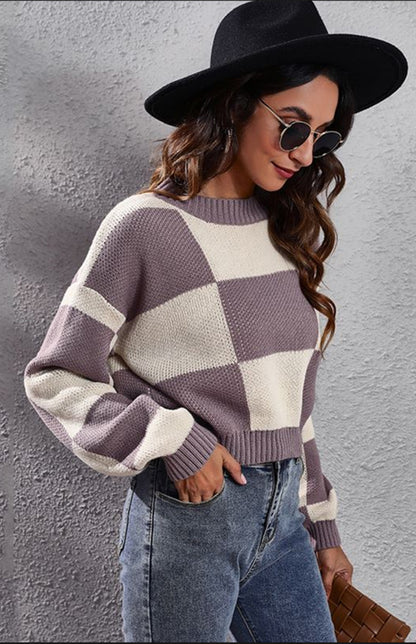 Checkerboard Long Sleeve Short Loose Knit Sweater