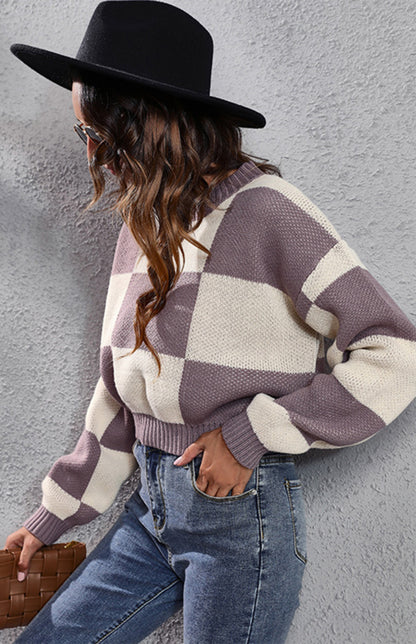 Checkerboard Long Sleeve Short Loose Knit Sweater