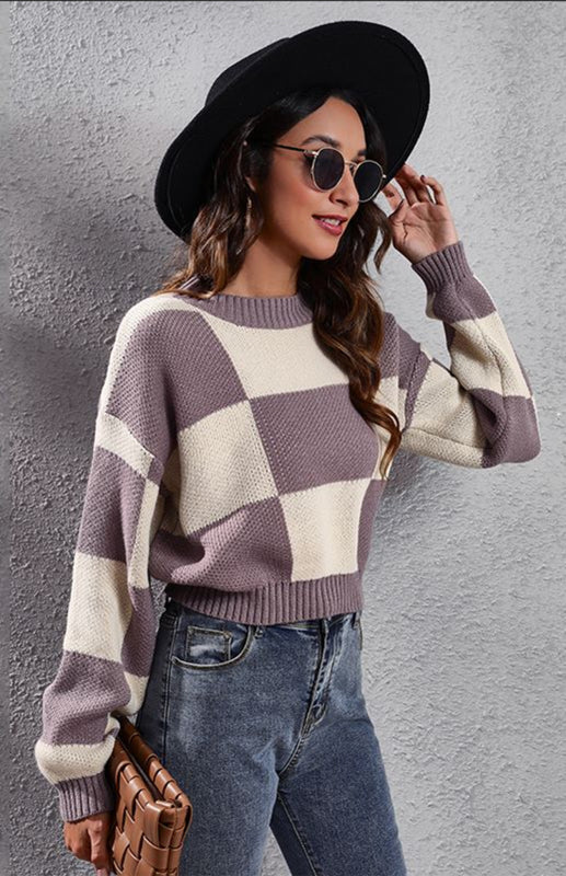 Checkerboard Long Sleeve Short Loose Knit Sweater Purple