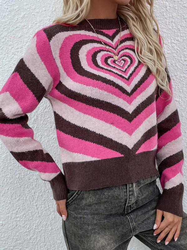 Women'S Round Neck Love Pullover Sweater Coffee