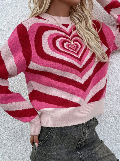 Women'S Round Neck Love Pullover Sweater Pink