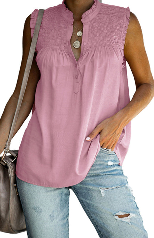 Women'S Ruffle Sleeveless Mid Turtleneck Button-Up Tops Pink