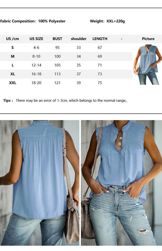 Women'S Ruffle Sleeveless Mid Turtleneck Button-Up Tops