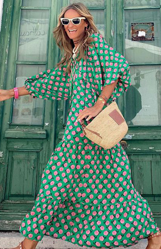 Women's V-Neck Geometric Print Patch Puff Sleeve Dress Green