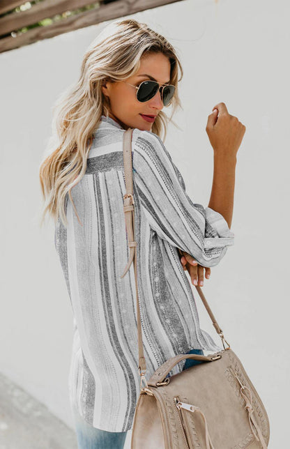 Linen Turn-down Collar Sweet Enough Striped Button Up Top