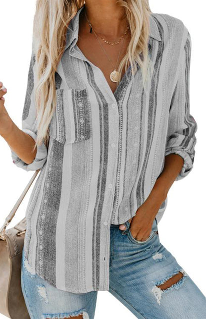 Linen Turn-down Collar Sweet Enough Striped Button Up Top