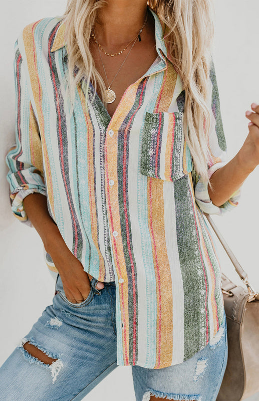 Linen Turn-down Collar Sweet Enough Striped Button Up Top