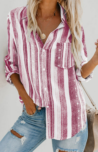 Linen Turn-down Collar Sweet Enough Striped Button Up Top