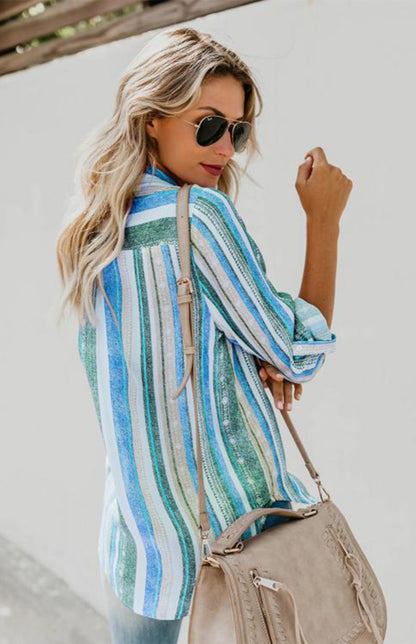 Linen Turn-down Collar Sweet Enough Striped Button Up Top