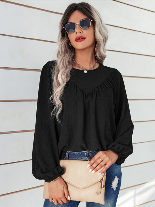 Women's casual loose round neck solid color pullover shirt Black