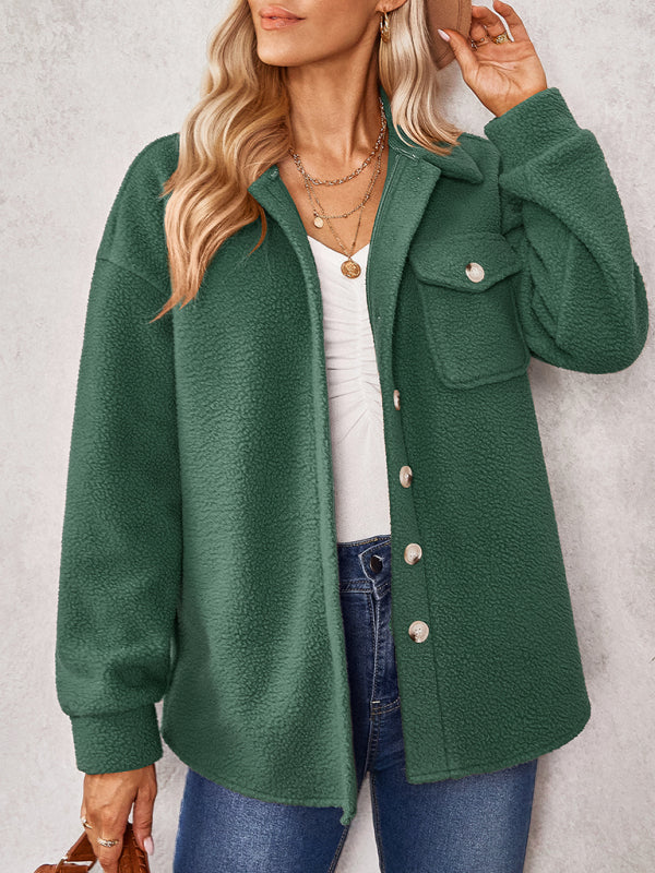 Women's solid color fashion Lapel Plush loose coat Deep green