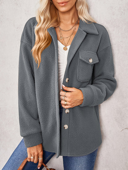 Women's solid color fashion Lapel Plush loose coat Charcoal grey