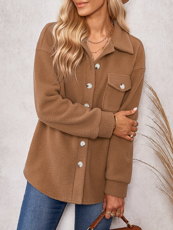 Women's solid color fashion Lapel Plush loose coat