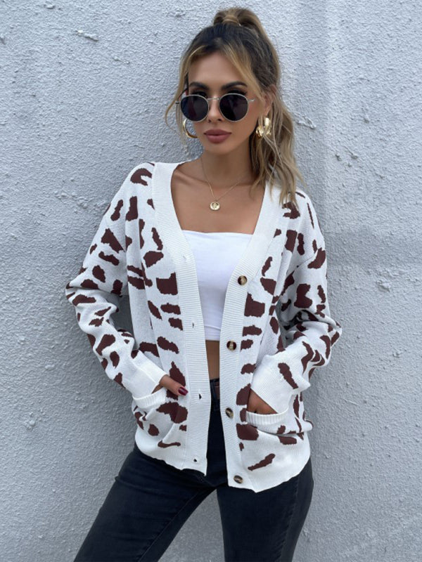 women's wind leopard print v-neck knitted sweater coat