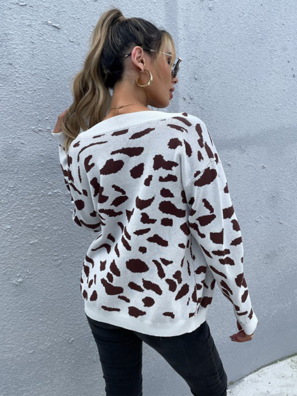 women's wind leopard print v-neck knitted sweater coat