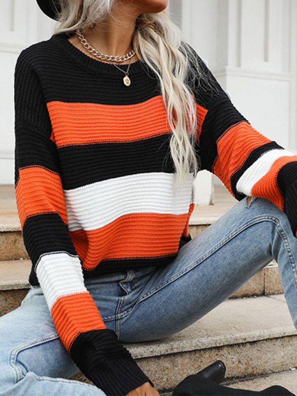 women's thin long sleeve loose striped knitted sweater Orange