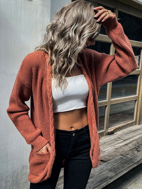 loose long sleeve twist solid color sweater cardigan Brick red