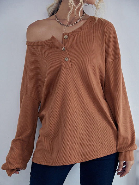 Women's Casual Solid Color Thin Long Sleeve Knit Sweater Brown